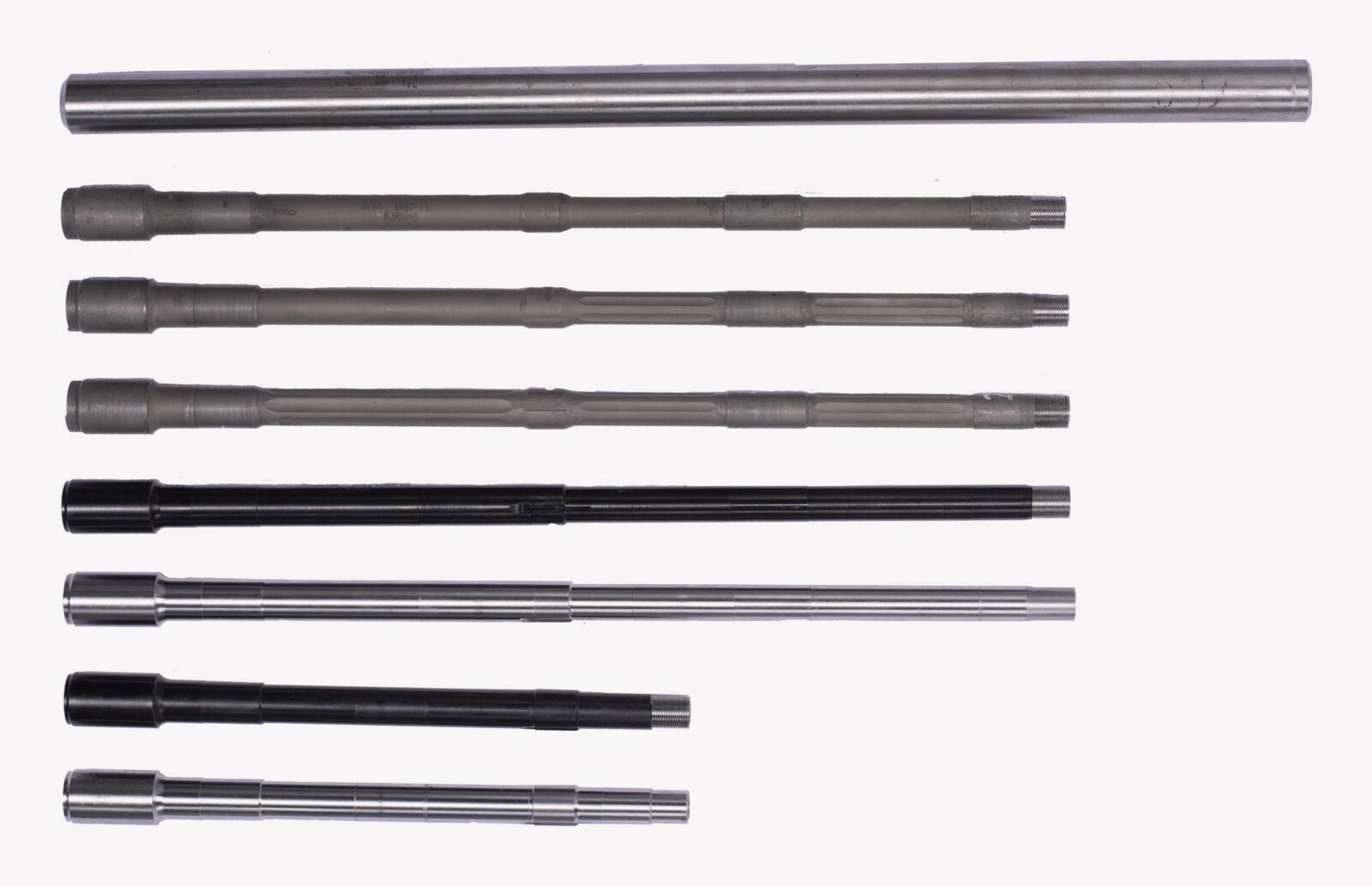 WBP barrels — production stages from bar stock to finished barrel